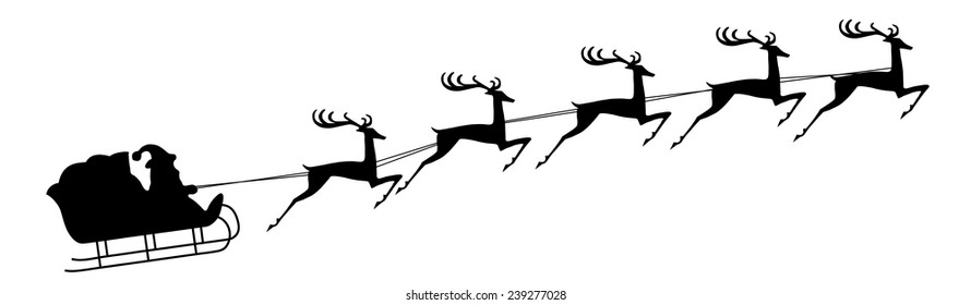 Santa Claus rides in a sleigh in harness on the reindeer