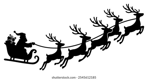 Santa Claus rides in a sleigh in harness on the reindeer