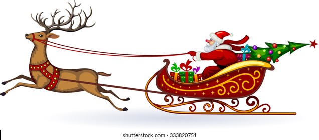 Santa Claus rides in a sleigh in harness on the reindeer