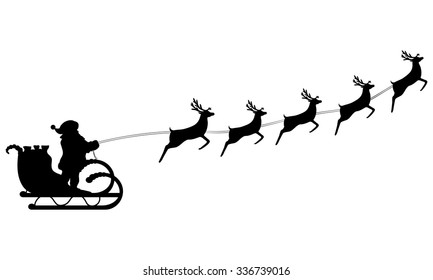 Santa Claus rides in a sleigh in harness on the reindeer 