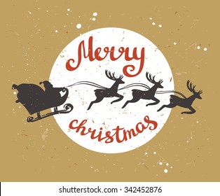 Santa Claus rides in a sleigh in harness on the reindeers. Retro merry christmas card on the cardboard. Vector illustration