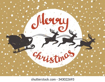 Santa Claus rides in a sleigh in harness on the reindeers. Retro merry christmas card on the cardboard. Vector illustration