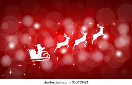 Santa Claus rides in a sleigh in harness on the reindeer