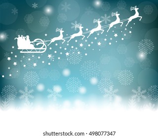 Santa Claus rides in a sleigh in harness on the reindeer on background with snowflakes and glitter