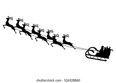 Santa Claus rides in a sleigh in harness on the reindeer