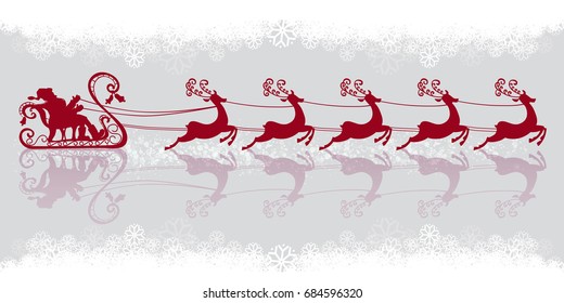 Santa Claus rides in a sleigh in harness on the reindeer. Silhouettes set. Vector illustration. Christmas symbol. Retro style. Snowflakes background