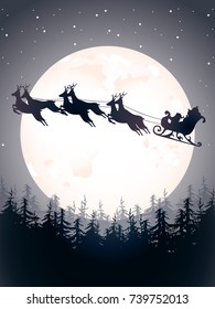 Santa Claus rides in a sleigh in harness on the reindeer