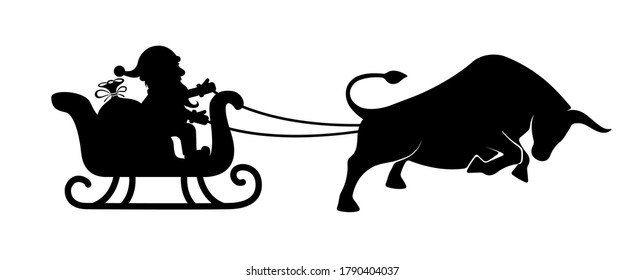 Santa Claus rides in a sleigh pulled by a bull. Symbol of the new year 2021. Silhouette on a white background 