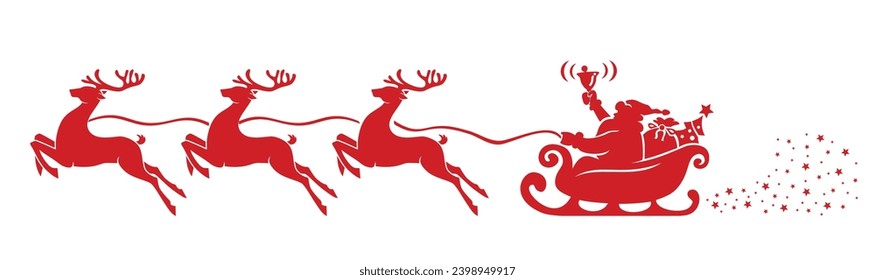 Santa Claus rides in a sleigh pulled by reindeer and rings a bell. Vector template for greeting card, invitation on transparent background