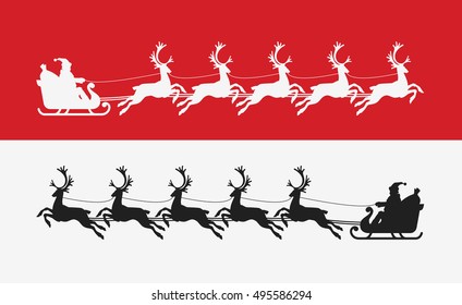 Santa Claus rides in sleigh pulled by reindeer. Merry Christmas banner