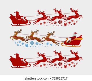 Santa Claus rides in sleigh pulled by reindeer. Christmas, xmas concept. Silhouette vector illustration