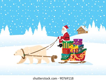 Santa Claus rides in a sleigh pulled by a polar bear 