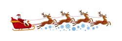 Santa Claus Rides In Sleigh With Reindeer. Christmas, Xmas, New Year Concept. Cartoon Vector Illustration