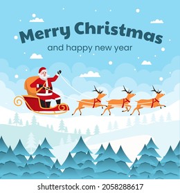 Santa Claus rides in sleigh with reindeer. Christmas, xmas, new year concept. Cartoon vector illustration