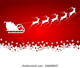 Santa Claus rides in a sleigh reindeer on red background with snowflakes