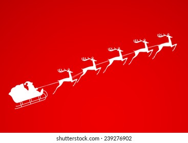 Santa Claus rides in a sleigh reindeer on red background 