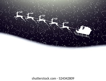 Santa Claus rides in a sleigh reindeer on winter background