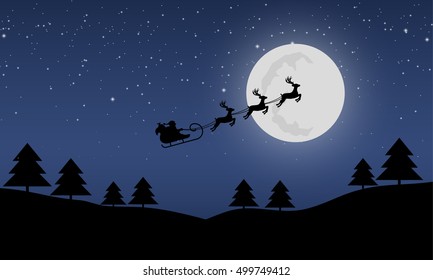 Santa Claus rides in a sleigh with their reindeer through the night