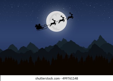 Santa Claus rides in a sleigh with their reindeer through the night mountains