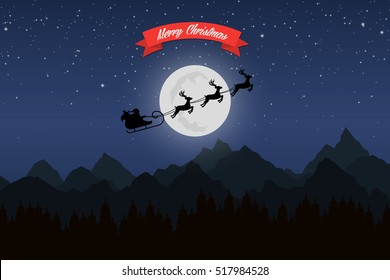 Santa Claus rides in a sleigh with their reindeer through the night mountains, Merry Christmas card