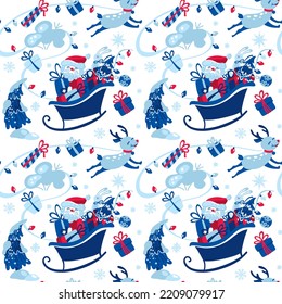 Santa Claus rides a sleigh through the winter forest. Christmas Is Coming. Cute seamless pattern. Vector.