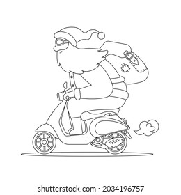 Santa Claus rides vintage motor scooter with backbag of presents. Christmas coloring page. Vector cartoon flat illustration