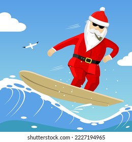 Santa claus rides the wave on the surf. New Year entertainment or tourism at Christmas