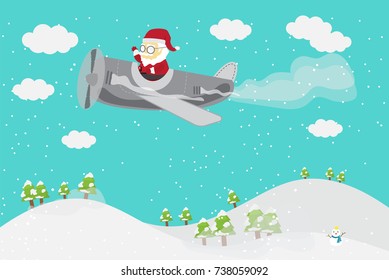 Santa Claus riding an airplane in the winter sky to distribute gifts for the children.