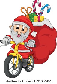 
Santa claus riding a bicycle carrying a sack of gifts cartoon vector illustration
