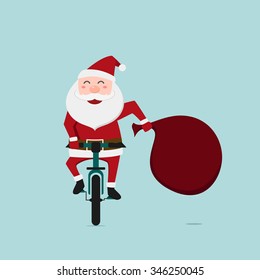 Santa Claus riding bicycle . Cartoon Vector Illustration.