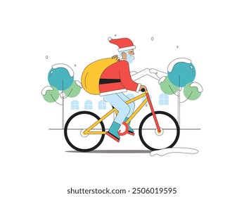 Santa Claus riding a bicycle during Christmas delivering gifts to children. Design character. Vector flat illustration