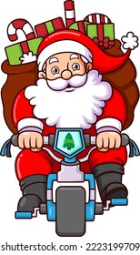 El santa claus está montando una bicicleta en una nevada mientras lleva cajas de regalo como ilustración