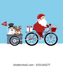 Santa Claus riding bicycle with the snowman and red nose reindeer in the trailer cartoon vector illustration