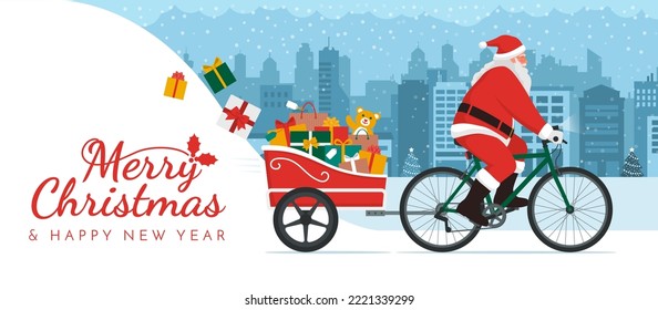 Santa Claus riding a bicycle with trailer and delivering Christmas gifts, copy space with Christmas gifts