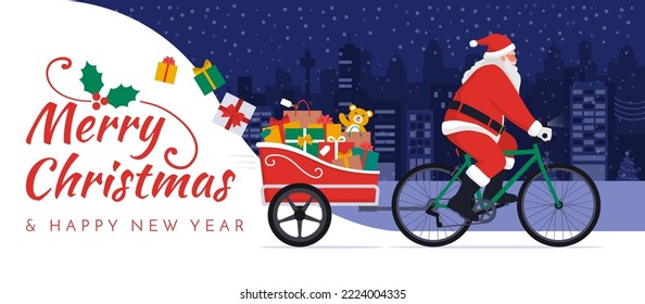 Santa Claus riding a bicycle with trailer and delivering Christmas gifts, copy space with Christmas gifts