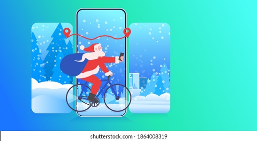santa claus riding bicycle and using navigation app on smartphone happy new year merry christmas holidays celebration concept full length horizontal vector illustration