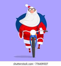 Santa Claus riding a bicycle. Vector image drawn in flat style