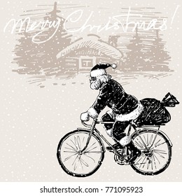 Santa Claus is riding a bike