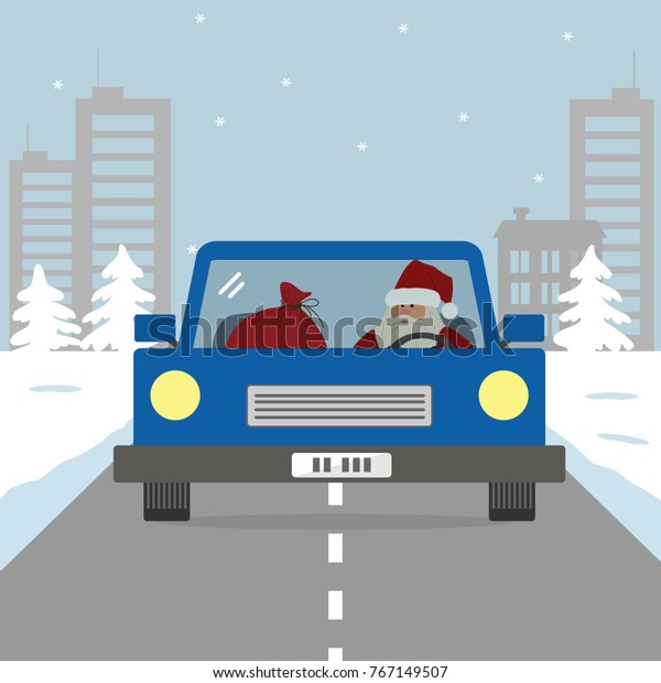 Santa Claus is riding a blue car. Winter\
landscape. There are also silhouettes of houses and fir trees in\
the picture. Vector\
illustration