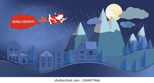 Santa claus riding broom and pull big bag contain present inside over house and big mountain in full moon night, Christmas concept. Vector illustration.