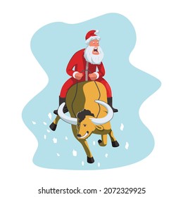 Santa Claus is riding a charismatic bull and he is scared a bit, because the Christmas is coming and everything has to be done in time.  