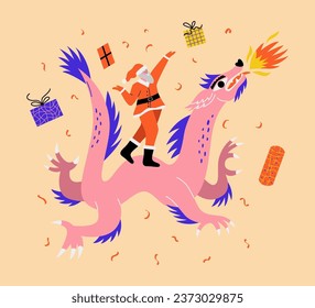 Santa Claus is riding a Chinese dragon. Christmas card concept with winter holiday sale. Cartoon character. Vector illustration for poster, advert, card.