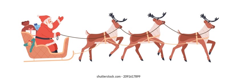 Santa Claus riding Christmas sleigh with reindeers on winter holidays. Xmas character in sleds with gifts. Flat vector illustration of North sledges, deers and presents isolated on white background