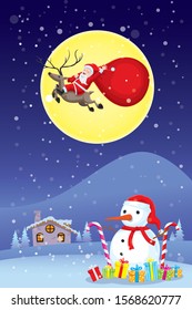Santa Claus riding deer to fly on the and sky have a full moon is background.