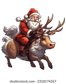 Santa Claus riding a Deer Illustration on white background