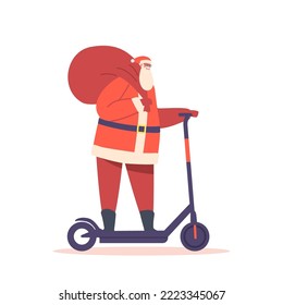 Santa Claus Riding Electric Scooter with Presents in Red Sack on Shoulder. Christmas Gifts Delivery Concept. Father Noel Character in Red Festive Suit Hurry to Kids. Cartoon People Vector Illustration