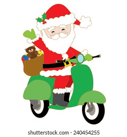 Santa Claus is riding a green scooter with a bag of toys on the back