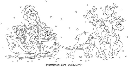 Santa Claus riding happy little kids in his magic sleigh with merry reindeers on a snowy Christmas day, black and white outline vector cartoon illustration for a coloring book page
