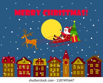 Santa Claus riding his reindeer sleigh flying over town