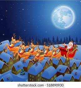 Santa Claus riding his reindeer sleigh flying in the sky